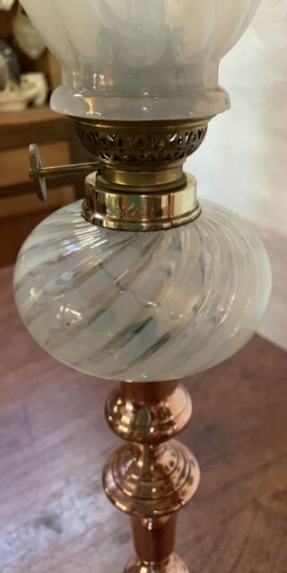 Copper Candlestick oil lamp, swirled glass font matching opalescent shade - Image 2