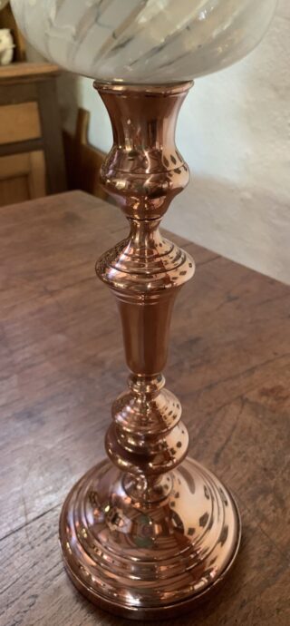 Copper Candlestick oil lamp, swirled glass font matching opalescent shade - Image 3
