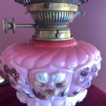 Hinks Banquet lamp cranberry vaseline glass font, Hinks collar and burner - Image 3