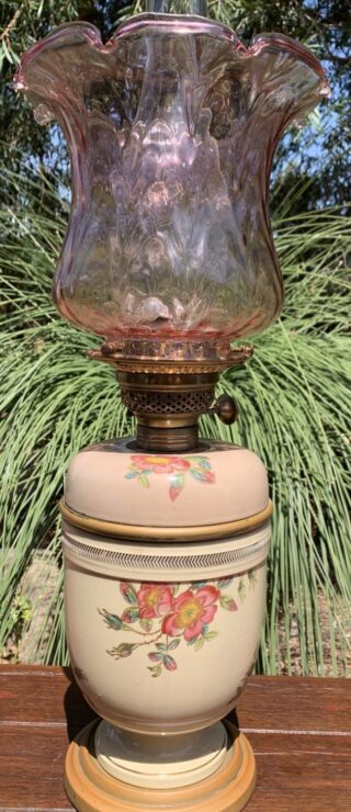 English ceramic oil lamp c1895. Hand painted font and base
