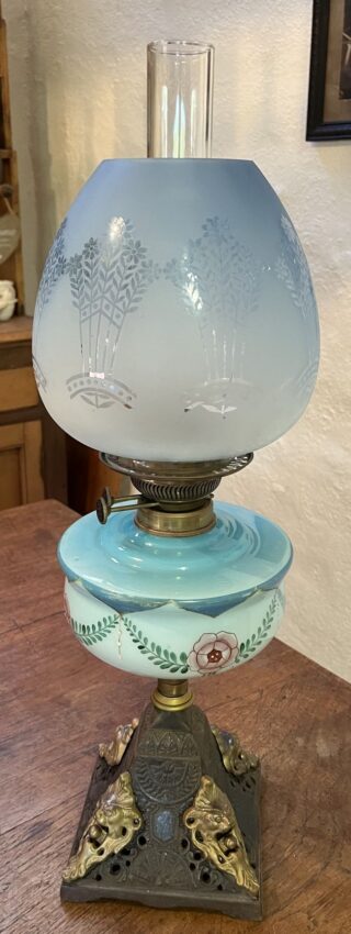 English Victorian 2 toned blue font hand painted oil lamp