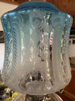Hinks lamp marked base, font and burner c1895, Victorian etched blue shade - Image 3