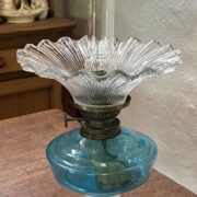 Bismark unusual Blue Font and Opaline base oil lamp