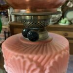 Victorian apricot/peach satin font oil lamp with original shade - Image 2