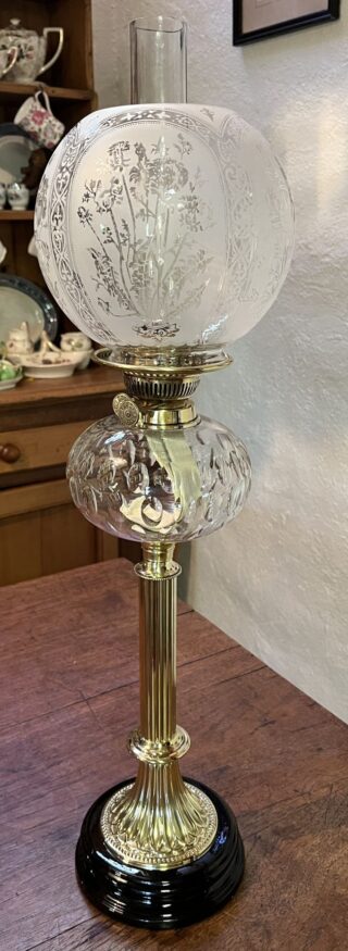 English Oil lamp crystal font brass column and ceramic base