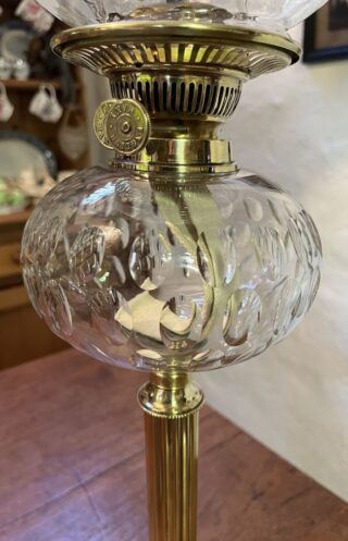 English Oil lamp crystal font brass column and ceramic base - Image 2