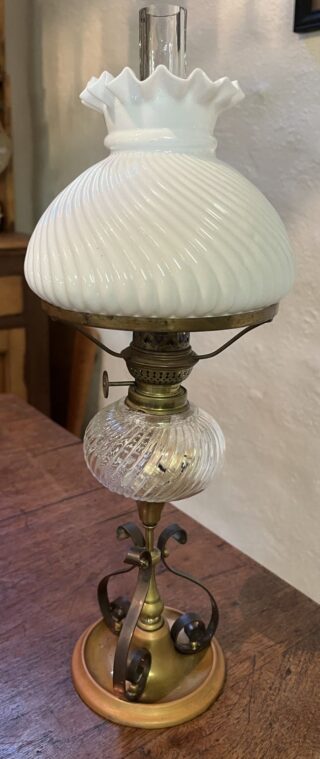 Brass and Copper oil lamp, swirl clear glass font, pie crust shade