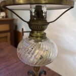 Brass and Copper oil lamp, swirl clear glass font, pie crust shade - Image 2