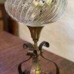 Brass and Copper oil lamp, swirl clear glass font, pie crust shade - Image 3