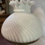 Brass and Copper oil lamp, swirl clear glass font, pie crust shade - Image 5