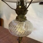 Brass and Copper oil lamp, swirl clear glass font, pie crust shade - Image 6