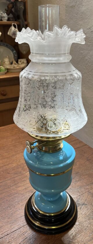 Hinks Blue Glass Font and Base oil lamp