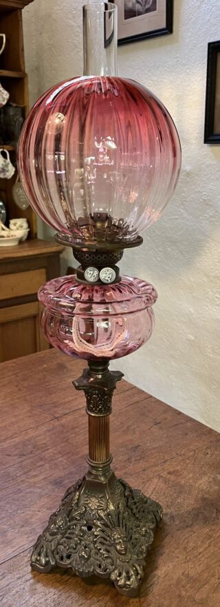 Victorian original cranberry font and shade oil lamp