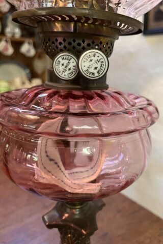 Victorian original cranberry font and shade oil lamp - Image 4