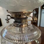 Hinks lamp marked base, font and burner c1895, Victorian etched blue shade - Image 9