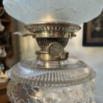 Hinks lamp marked base, font and burner c1895, Victorian etched blue shade - Image 7