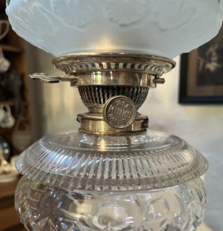 Hinks lamp marked base, font and burner c1895, Victorian etched blue shade - Image 7
