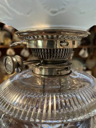 Hinks lamp marked base, font and burner c1895, Victorian etched blue shade - Image 8