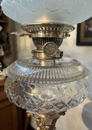 Hinks lamp marked base, font and burner c1895, Victorian etched blue shade - Image 10
