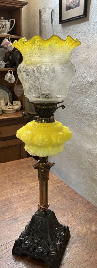 Tall Victorian Oil Lamp yellow font and shade