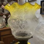 Tall Victorian Oil Lamp yellow font and shade - Image 6