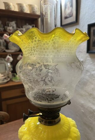 Tall Victorian Oil Lamp yellow font and shade - Image 6