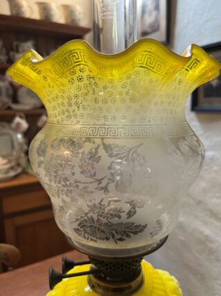 Tall Victorian Oil Lamp yellow font and shade - Image 7