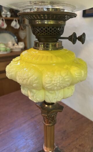 Tall Victorian Oil Lamp yellow font and shade - Image 2