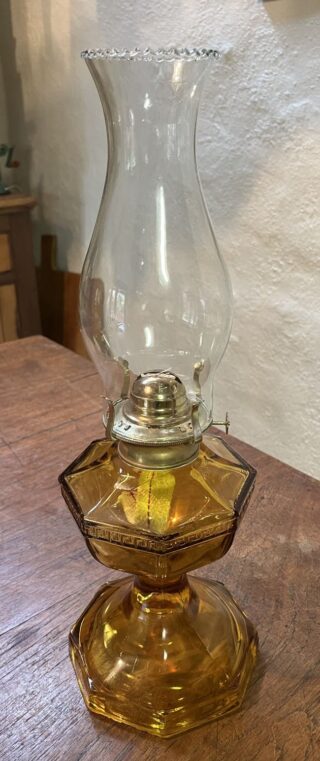 Greek Key Amber Depression glass oil lamp - ON HOLD