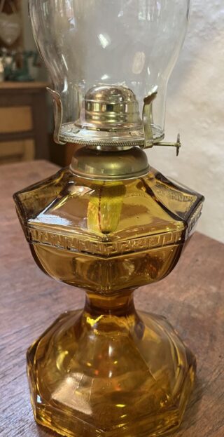 Greek Key Amber Depression glass oil lamp - ON HOLD - Image 2