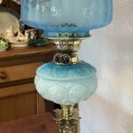 Banquet oil lamp with Victorian Blue glass font