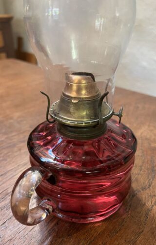 Cranberry glass Finger lamp with repairs to font - Image 2