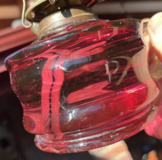 Cranberry glass Finger lamp with repairs to font - Image 4