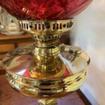 Brass Table oil lamp red swirl shade - Image 2