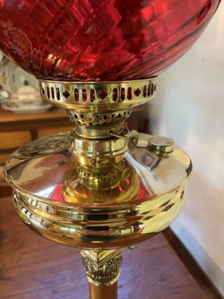 Brass Table oil lamp red swirl shade - Image 2