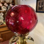 Brass Table oil lamp red swirl shade - Image 5