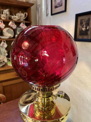 Brass Table oil lamp red swirl shade - Image 5