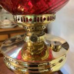 Brass Table oil lamp red swirl shade - Image 6