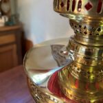 Brass Table oil lamp red swirl shade - Image 8
