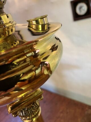 Brass Table oil lamp red swirl shade - Image 9