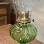 Victorian oil lamp green optic glass font, rare marked chimney