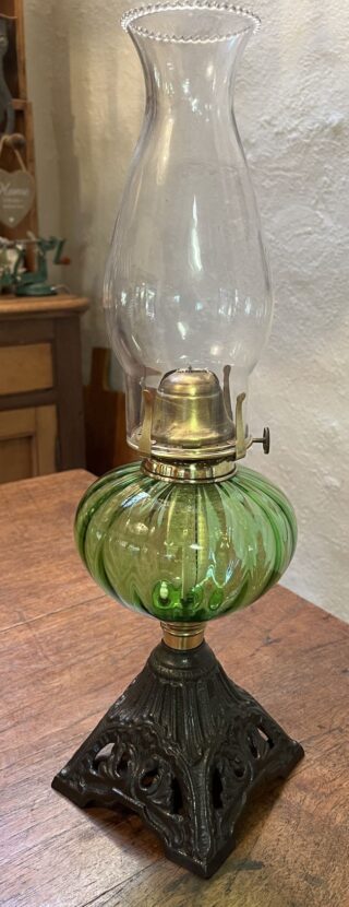 Victorian oil lamp green optic glass font, rare marked chimney