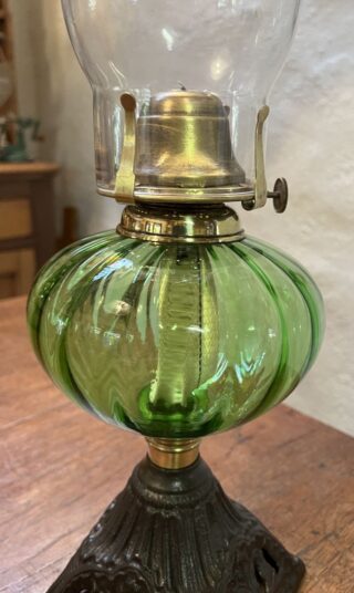 Victorian oil lamp green optic glass font, rare marked chimney - Image 2