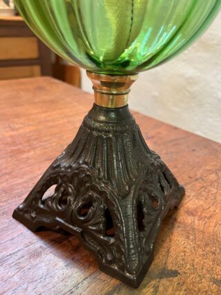 Victorian oil lamp green optic glass font, rare marked chimney - Image 3