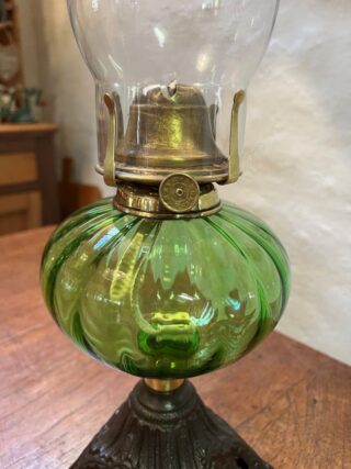 Victorian oil lamp green optic glass font, rare marked chimney - Image 5
