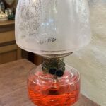 Victorian table lamp cast iron base patterned cut glass font