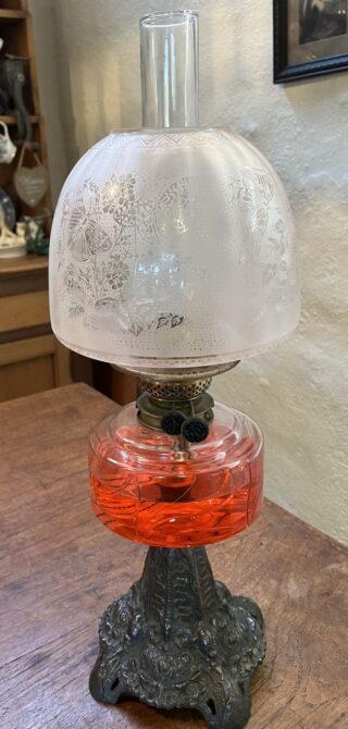 Victorian table lamp cast iron base patterned cut glass font
