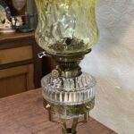 Hinks brass table lamp, crystal cut font