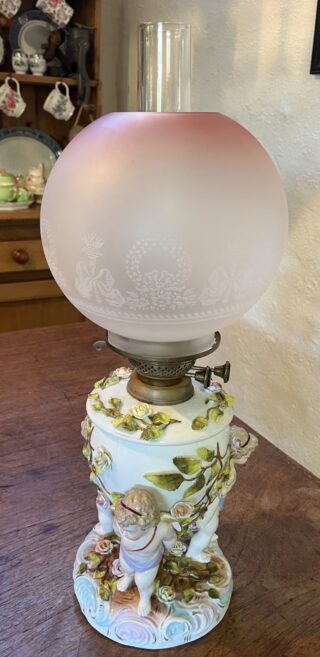 German Sitzendorf Cherub oil lamp
